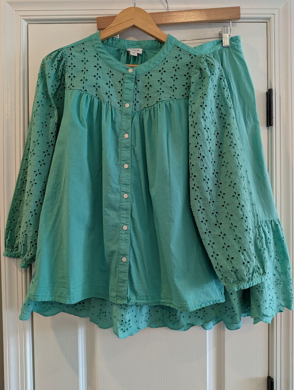 J. Crew Factory Floral Embroidered Eyelet Blouse Top & Midi Skirt Green Size S